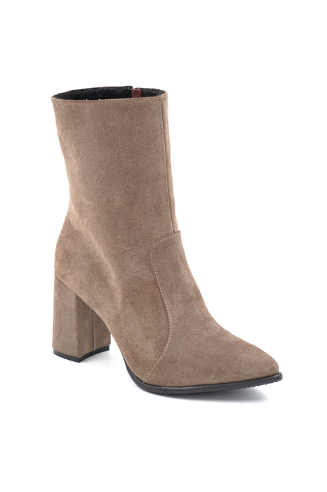 Ghete dama din piele naturala intoarsa grej cu varf ascutit stiletto si toc mediu gros imbracat de 8 cm 74617-3-24 [2]