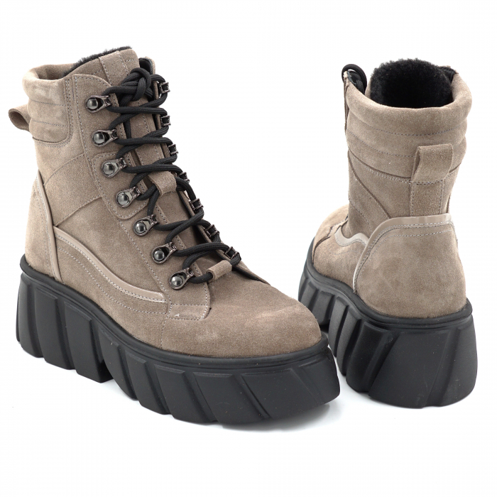 Ghete dama din piele naturala intoarsa grej cu varf rotund si talpa de 5 cm 71121-25 [5]