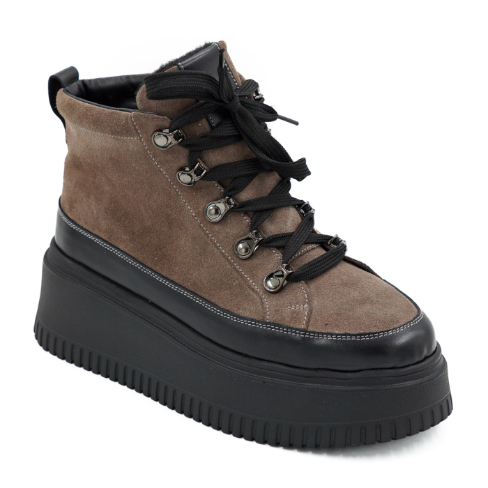 Ghete dama din piele naturala intoarsa grej si neagra cu varf rotund si talpa de 6 cm 70126-26 [2]