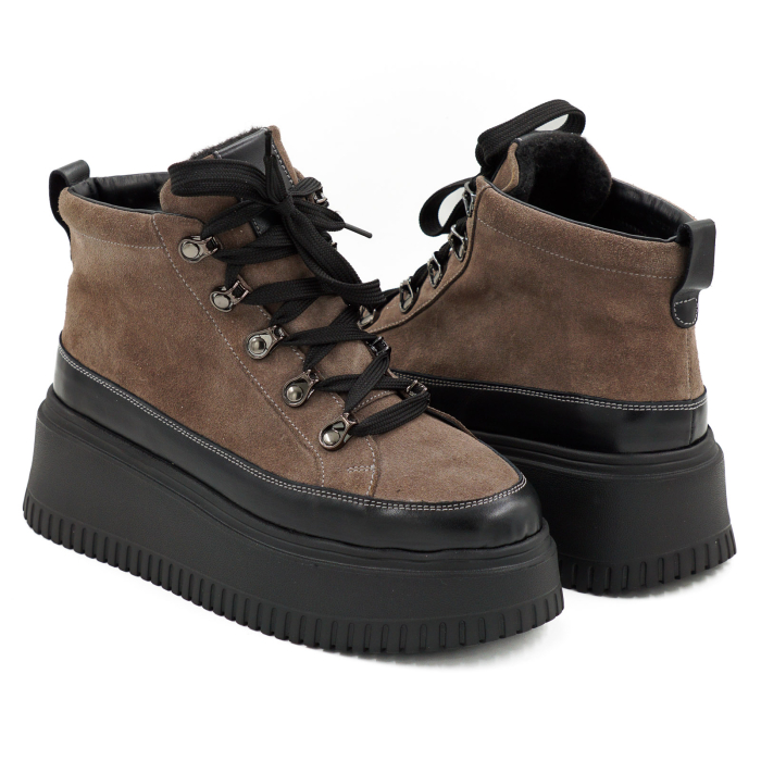 Ghete dama din piele naturala intoarsa grej si neagra cu varf rotund si talpa de 6 cm 70126-26 [4]