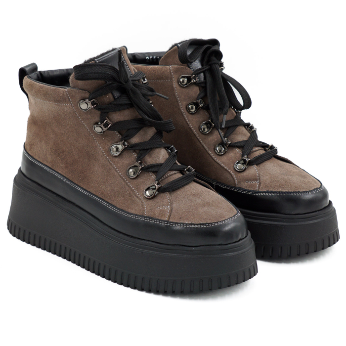 Ghete dama din piele naturala intoarsa grej si neagra cu varf rotund si talpa de 6 cm 70126-26 [3]