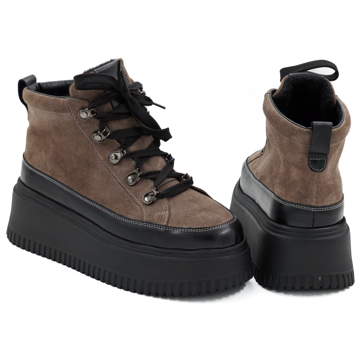 Ghete dama din piele naturala intoarsa grej si neagra cu varf rotund si talpa de 6 cm 70126-26 [5]