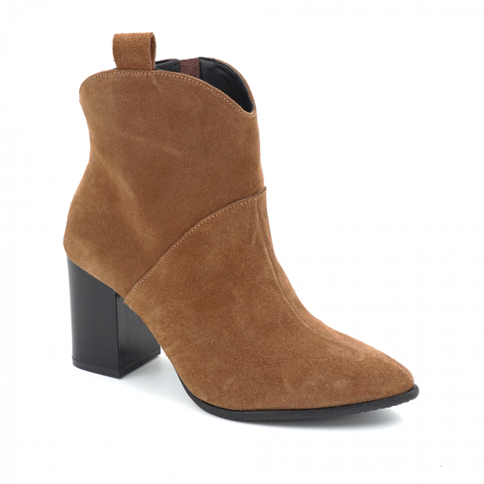 Ghete dama din piele naturala intoarsa maro  cu varf ascutit stiletto si toc mediu gros de 8 cm 70321-3-25 [2]