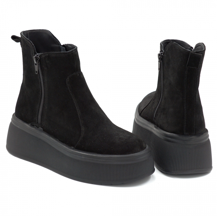 Ghete dama din piele naturala intoarsa neagra cu varf rotund si talpa de 5 cm 78121-25 [5]