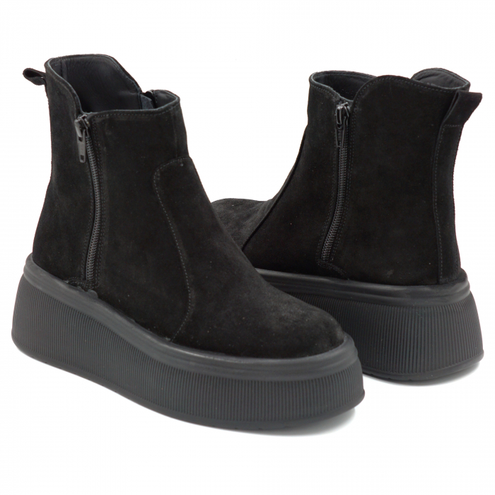Ghete dama din piele naturala intoarsa neagra cu varf rotund si talpa de 5 cm 78121-25 [4]
