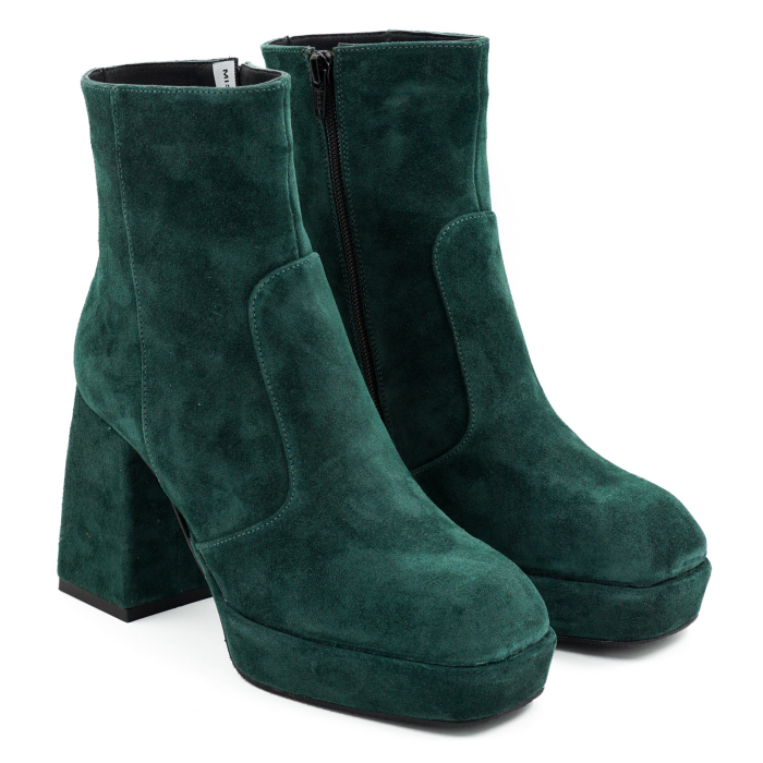 Ghete dama din piele naturala intoarsa verde inchis cu varf patrat, platforma de 2 cm si toc inalt gros imbracat de 9 cm 70224-26 [3]