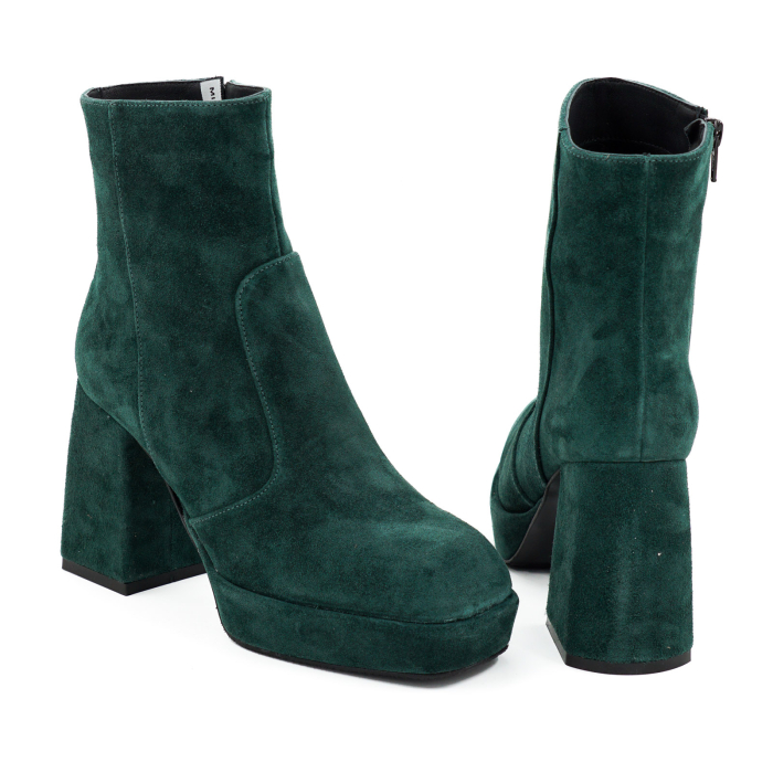 Ghete dama din piele naturala intoarsa verde inchis cu varf patrat, platforma de 2 cm si toc inalt gros imbracat de 9 cm 70224-26 [5]