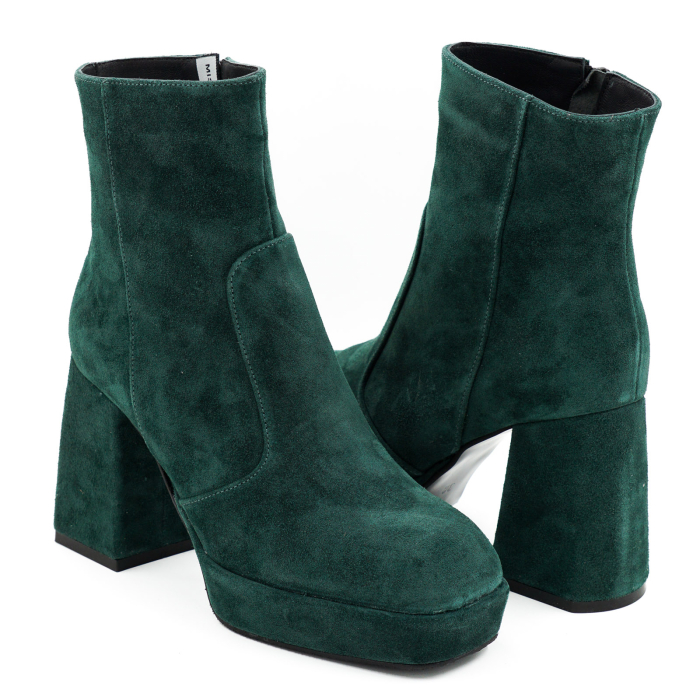Ghete dama din piele naturala intoarsa verde inchis cu varf patrat, platforma de 2 cm si toc inalt gros imbracat de 9 cm 70224-26 [4]