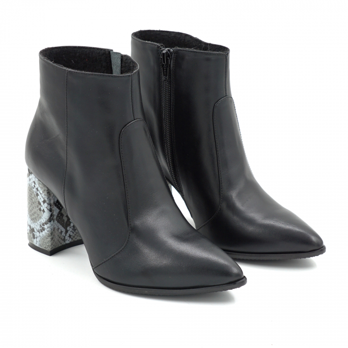 Ghete dama din piele naturala neagra cu varf ascutit stiletto si toc mediu gros imbracat de 8 cm 79419-1-25 [3]