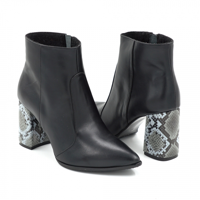 Ghete dama din piele naturala neagra cu varf ascutit stiletto si toc mediu gros imbracat de 8 cm 79419-1-25 [4]