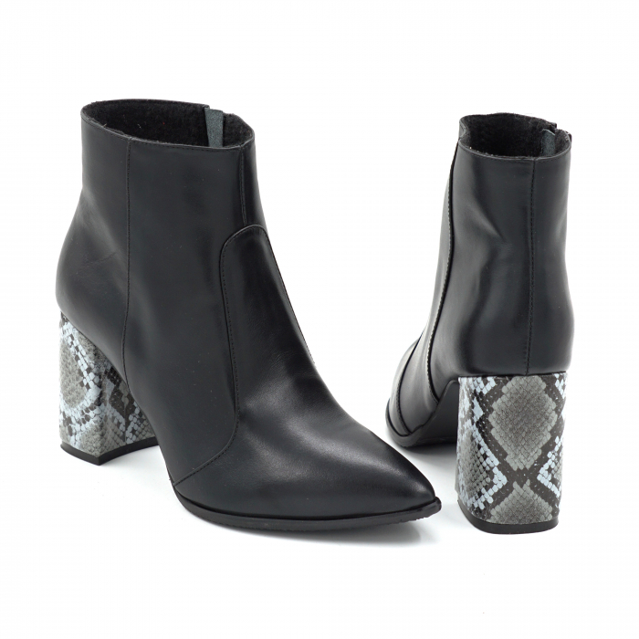 Ghete dama din piele naturala neagra cu varf ascutit stiletto si toc mediu gros imbracat de 8 cm 79419-1-25 [5]