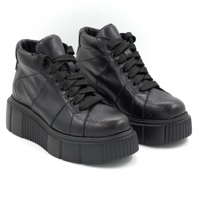 Ghete dama din piele naturala neagra cu varf rotund si talpa de 5 cm 70421-1-25 [3]