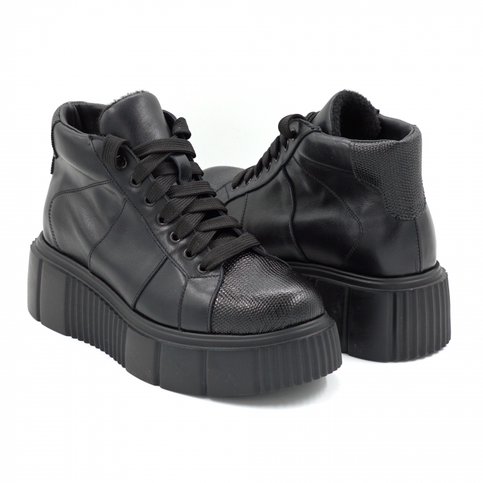 Ghete dama din piele naturala neagra cu varf rotund si talpa de 5 cm 70421-1-25 [4]