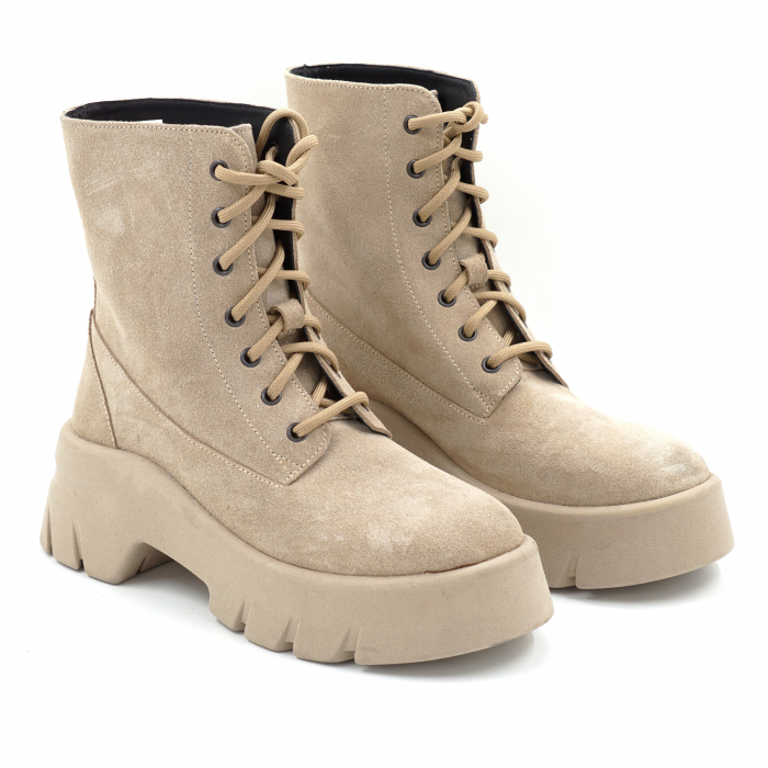 Ghete dama casual din piele naturala intoarsa bej cappucino cu varf rotund si talpa de 4 cm 73221-1-25 [3]