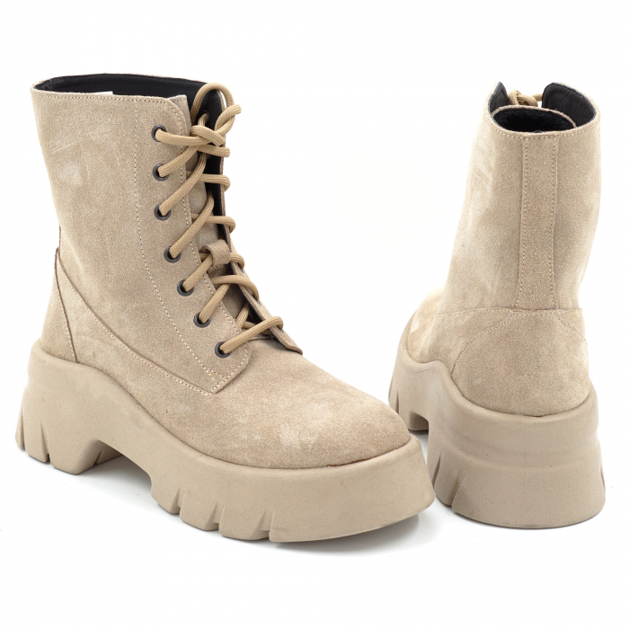 Ghete dama casual din piele naturala intoarsa bej cappucino cu varf rotund si talpa de 4 cm 73221-1-25 [5]