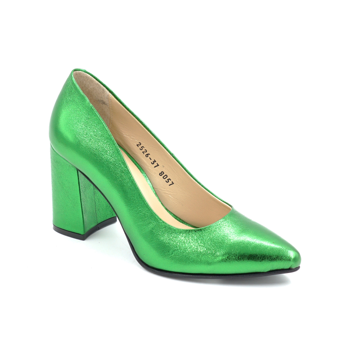 Pantofi dama din piele naturala verde metalizat cu varf ascutit stiletto si toc mediu gros imbracat de 8 cm 8057-17-25 [2]
