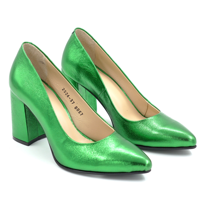 Pantofi dama din piele naturala verde metalizat cu varf ascutit stiletto si toc mediu gros imbracat de 8 cm 8057-17-25 [3]