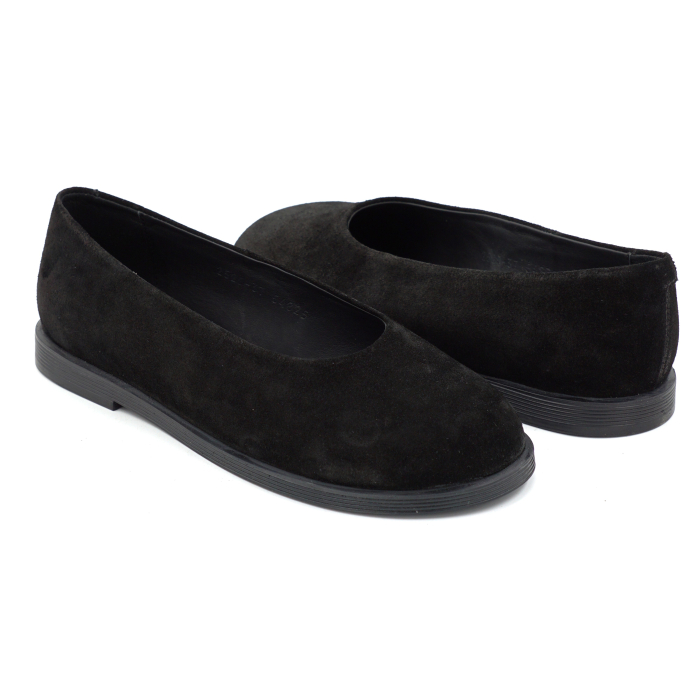 Pantofi dama barefoot tip balerini din piele naturala intoarsa neagra cu varf rotund si talpa de 1 cm 0079-3-25 [4]