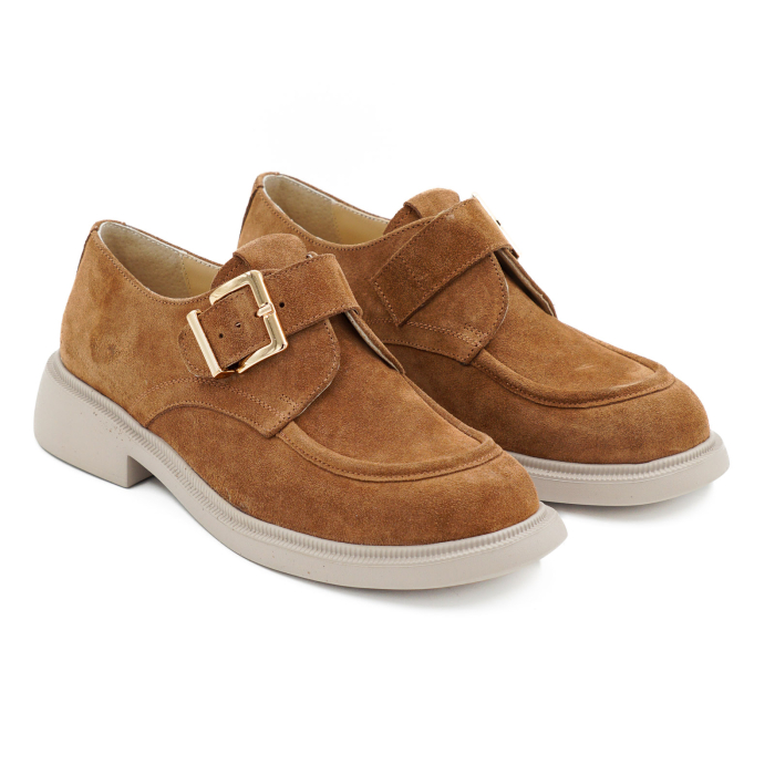 Pantofi dama casual din piele naturala intoarsa maro coniac varf rotund si talpa de 3 cm 50626-2-26 [3]