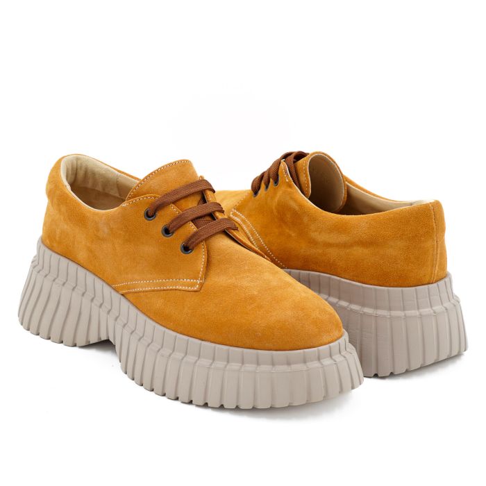 Pantofi dama casual din piele naturala intoarsa maro coniac cu varf rotund si talpa inalta 6 cm 55320-26 [4]