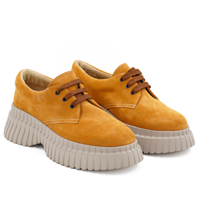 Pantofi dama casual din piele naturala intoarsa maro coniac cu varf rotund si talpa inalta 6 cm 55320-26 [3]