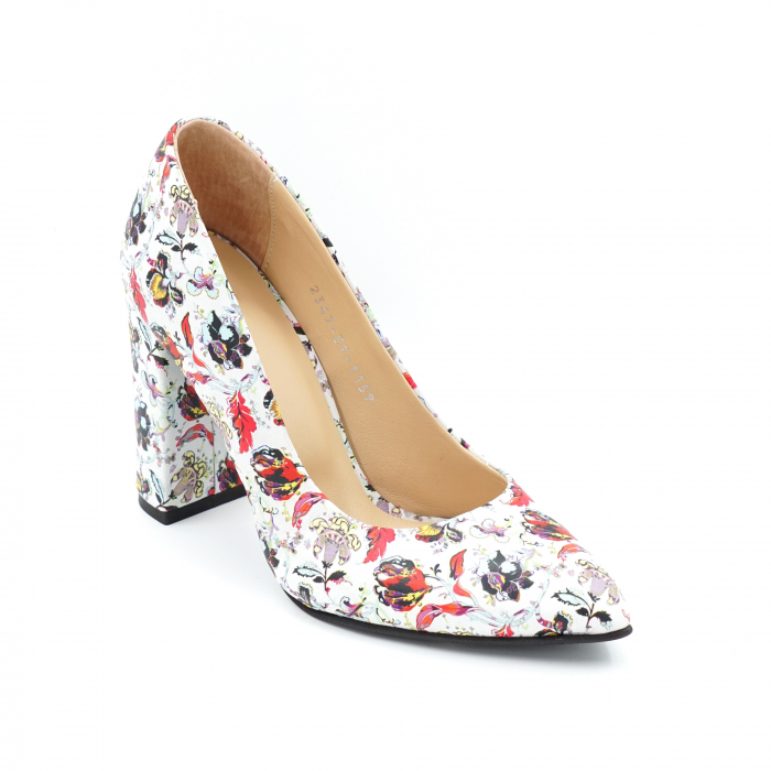 Pantofi dama din piele naturala cu imprimeu floral cu varf ascutit si toc inalt gros imbracat 9 cm 1159-2-24 [2]