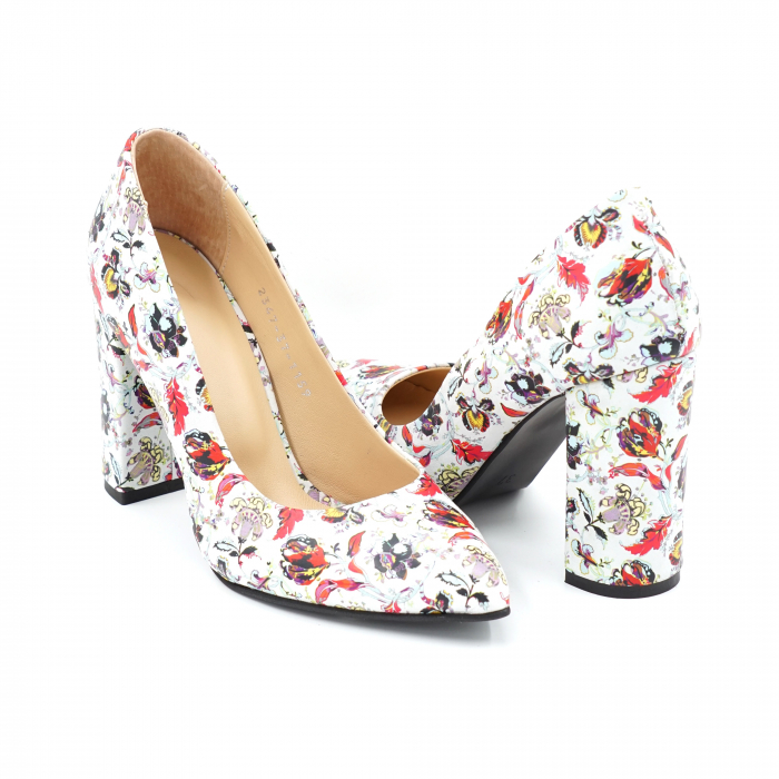 Pantofi dama din piele naturala cu imprimeu floral cu varf ascutit si toc inalt gros imbracat 9 cm 1159-2-24 [4]