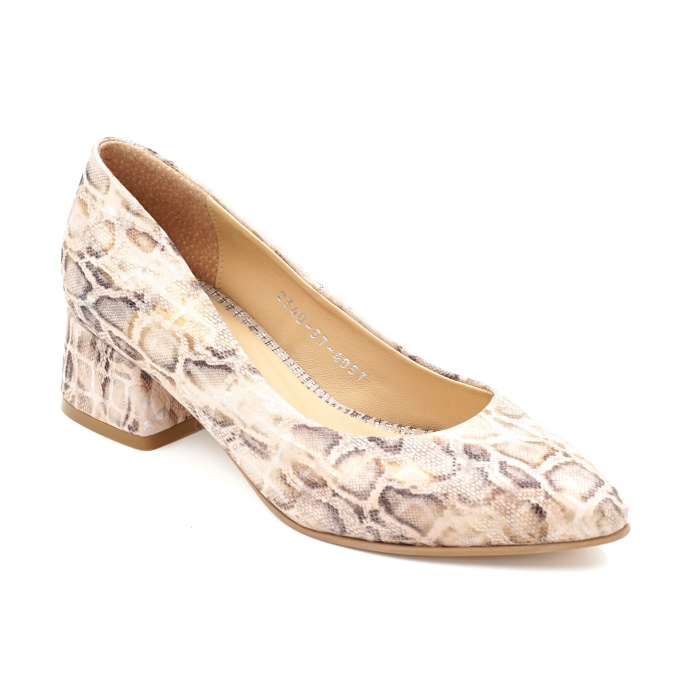 Pantofi dama din piele naturala bej cu imprimeu animal print cu varf ascutit si toc mic gros imbracat 4 cm 4057-24 [2]