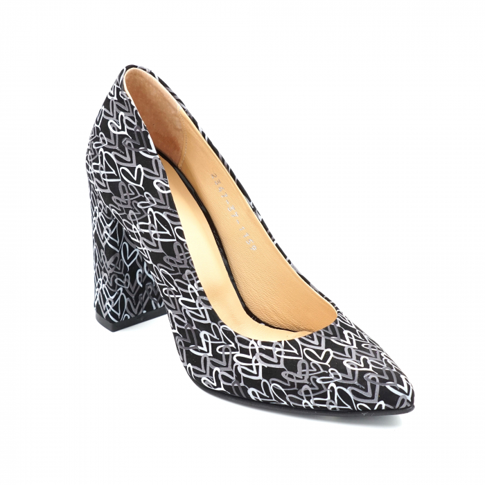 Pantofi dama din piele naturala cu imprimeu negru alb gri cu varf ascutit stileto si toc inalt gros imbracat  9 cm 1159-1-24 [2]