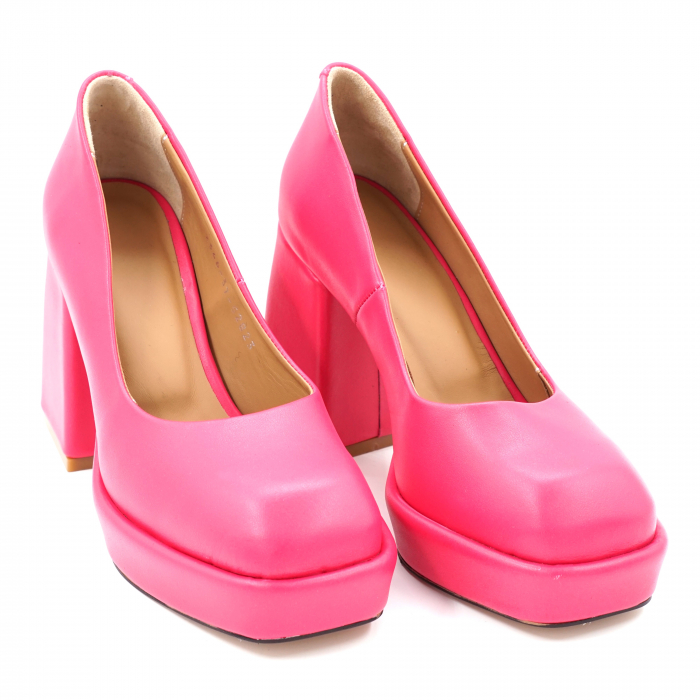 Pantofi dama din piele naturala roz fucsia cu varf patrat, platforma 2 cm  si toc inalt gros imbracat 9 cm 7101-24 [3]