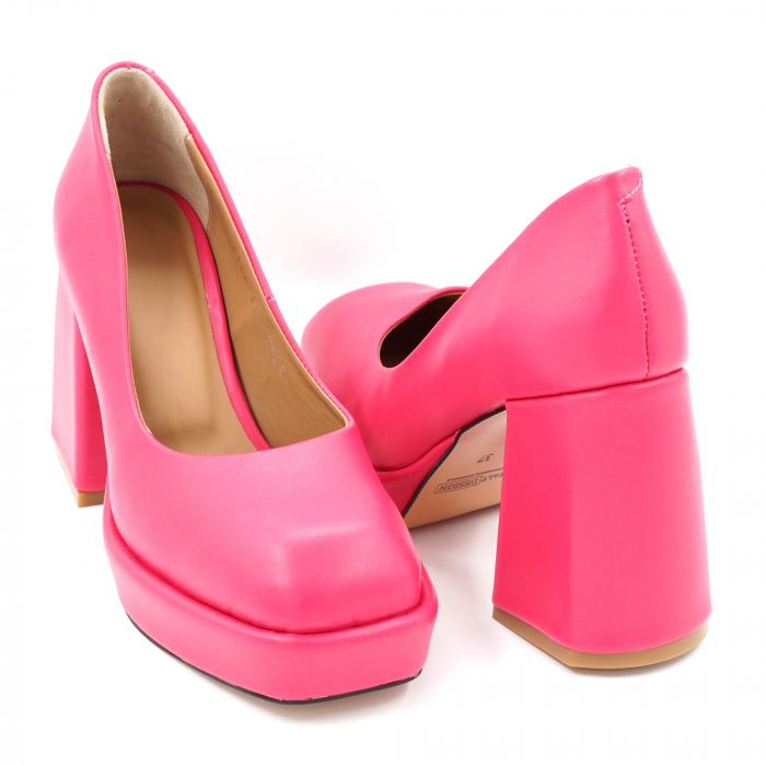 Pantofi dama din piele naturala roz fucsia cu varf patrat, platforma 2 cm  si toc inalt gros imbracat 9 cm 7101-24 [4]