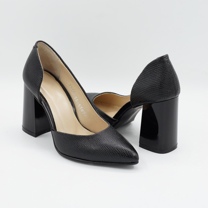 Pantofi dama decupati din piele naturala neagra cu imprimeu, cu varf ascutit stiletto si toc mediu gros de 8 cm 53925-26 [4]