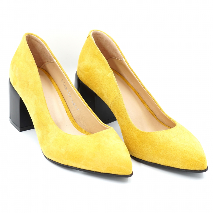 Pantofi dama din piele naturala intoarsa galbena cu varf ascutit stileto si toc mic gros 6 cm 6057-3-24 [3]