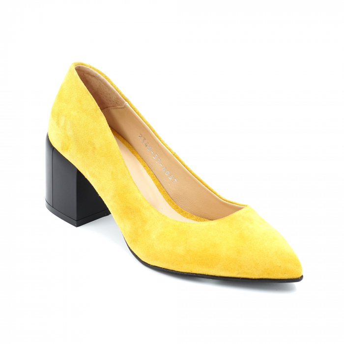 Pantofi dama din piele naturala intoarsa galbena cu varf ascutit stileto si toc mic gros 6 cm 6057-3-24 [2]