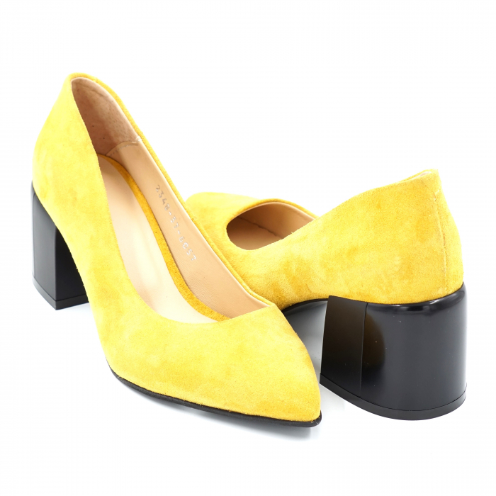 Pantofi dama din piele naturala intoarsa galbena cu varf ascutit stileto si toc mic gros 6 cm 6057-3-24 [4]