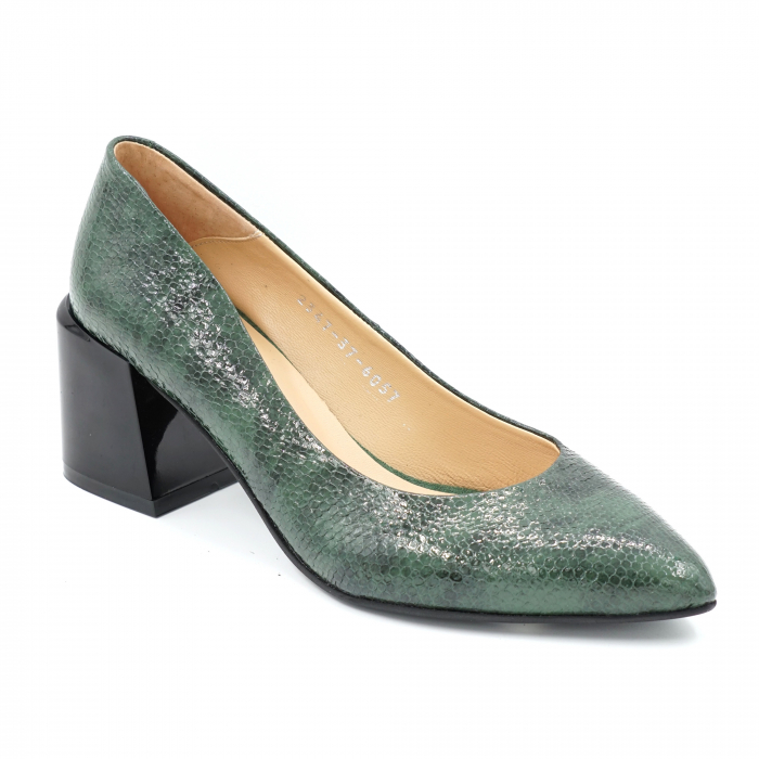 Pantofi dama din piele naturala lacuita croco verde marmorat cu varf ascutit stileto si toc mic gros 6 cm 6057-1-24 [2]