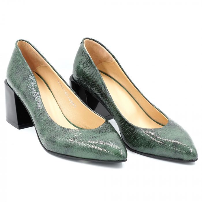 Pantofi dama din piele naturala lacuita croco verde marmorat cu varf ascutit stileto si toc mic gros 6 cm 6057-1-24 [3]