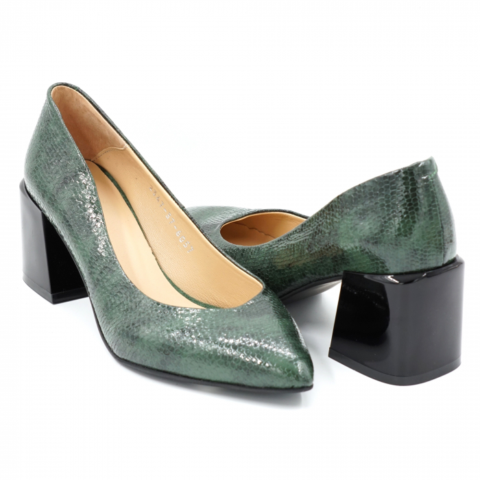 Pantofi dama din piele naturala lacuita croco verde marmorat cu varf ascutit stileto si toc mic gros 6 cm 6057-1-24 [4]
