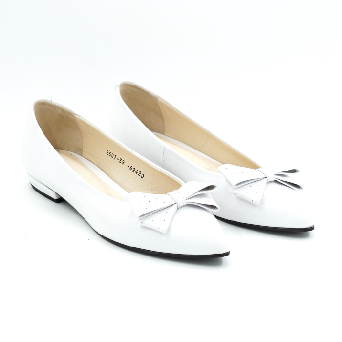 Pantofi dama tip balerini din piele naturala alba cu varf ascutit stiletto si toc mic gros imbracat de 1 cm 62420-2-25 [3]