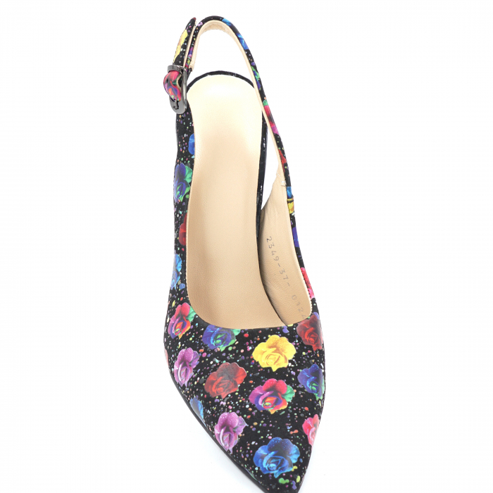 Sandale dama din piele naturala cu imprimeu floral cu varf ascutit stileto si toc inalt gros 9 cm  0124-7-24 [5]