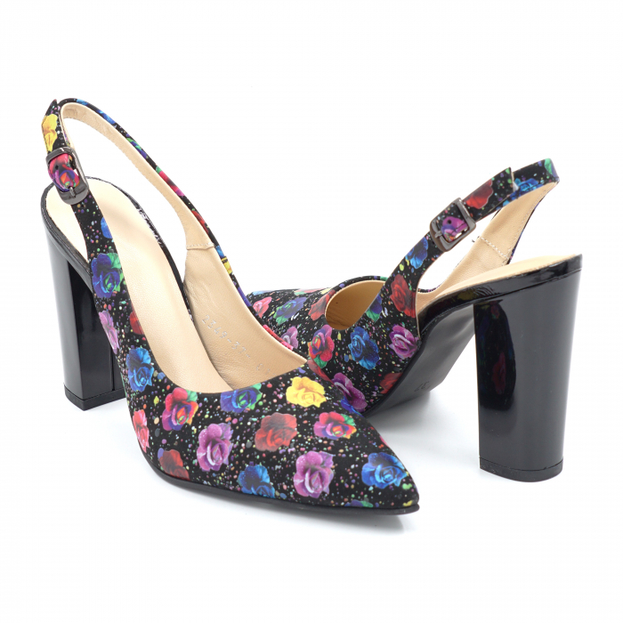 Sandale dama din piele naturala cu imprimeu floral cu varf ascutit stileto si toc inalt gros 9 cm  0124-7-24 [4]