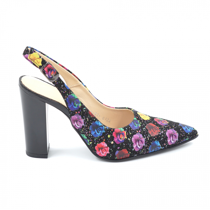 Sandale dama din piele naturala cu imprimeu floral cu varf ascutit stileto si toc inalt gros 9 cm  0124-7-24 [1]