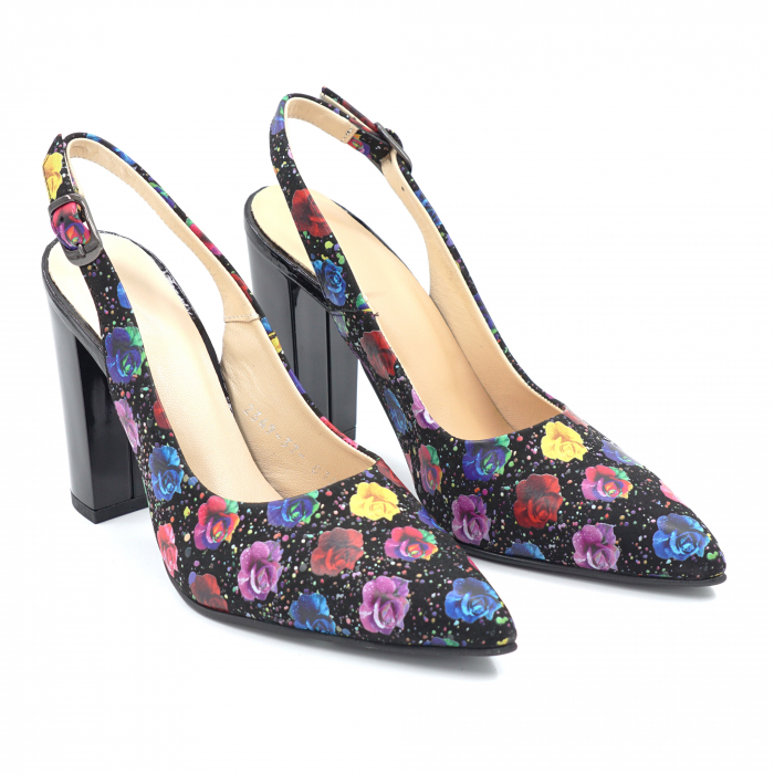 Sandale dama din piele naturala cu imprimeu floral cu varf ascutit stileto si toc inalt gros 9 cm  0124-7-24 [3]