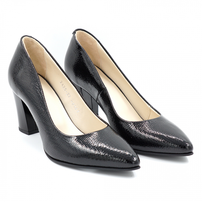Pantofi dama din piele naturala lacuita neagra cu varf ascutit stileto si toc mediu gros 7 cm 0161-24 [5]