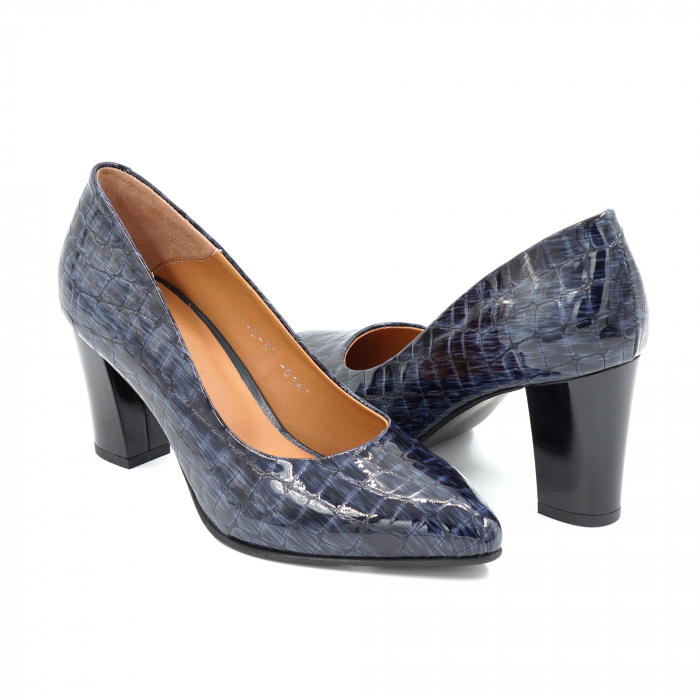 Pantofi dama din piele naturala croco lacuit bleumaren cu varf ascutit stileto si toc mediu gros 7 cm 0161-25 [3]