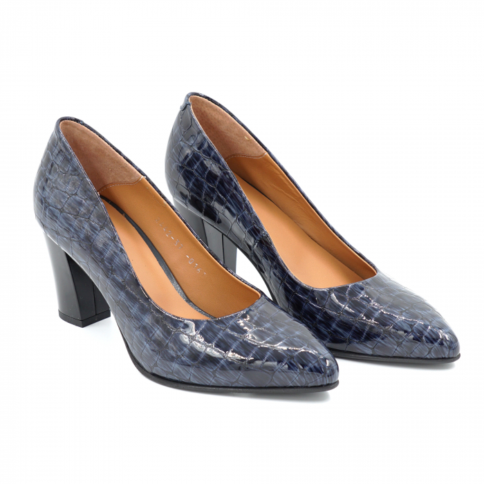 Pantofi dama din piele naturala croco lacuit bleumaren cu varf ascutit stileto si toc mediu gros 7 cm 0161-25 [4]