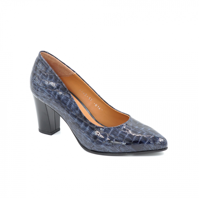Pantofi dama din piele naturala croco lacuit bleumaren cu varf ascutit stileto si toc mediu gros 7 cm 0161-25 [2]