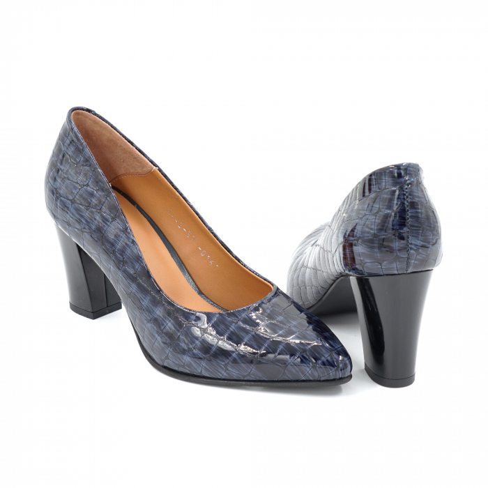 Pantofi dama din piele naturala croco lacuit bleumaren cu varf ascutit stileto si toc mediu gros 7 cm 0161-25 [5]