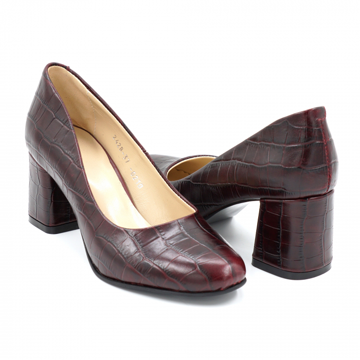 Pantofi dama din piele naturala croco visiniu burgund cu varf rotund si toc mic gros 6 cm 0210-1-24 [4]