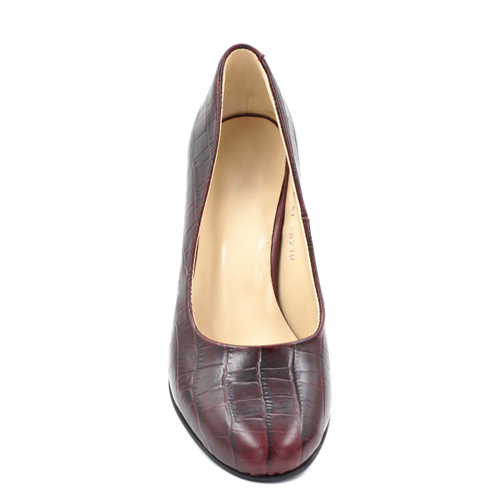 Pantofi dama din piele naturala croco visiniu burgund cu varf rotund si toc mic gros 6 cm 0210-1-24 [6]